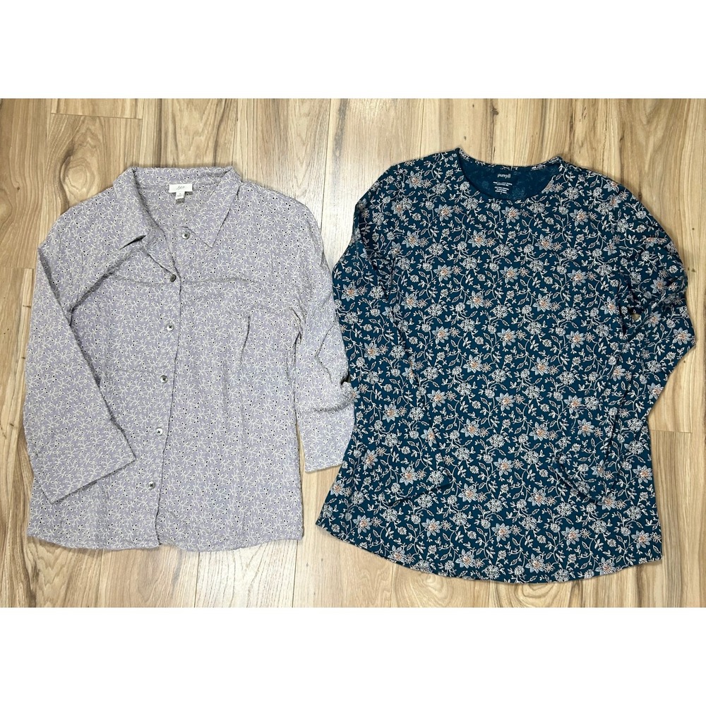 (2) J Jill Shirt SET Womens S Purple Floral Eyelet Teal Pima Cotton Mature Comfy